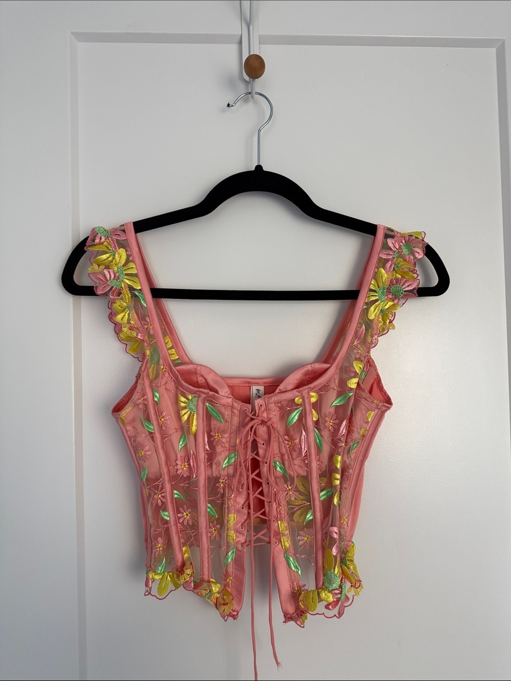 For Love & Lemons Pink Floral Lace-Up Corset Crop Top